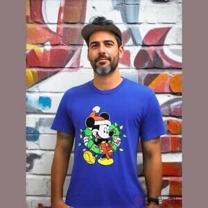 Disney Mickey Mouse Santa Hat Holiday Wreath T-Shirt Men's Size Small Blue